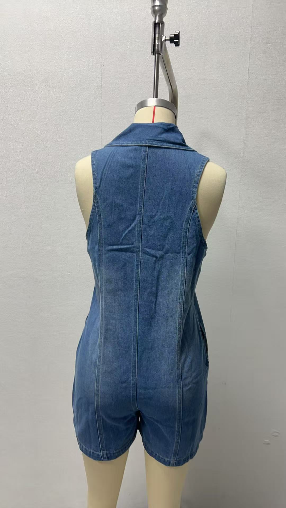 Fashion Sleeveless Washed Denim Jumpsuit Shorts Women's Clothing New Style Peter Pan Collar Personalized_ecoleips.com