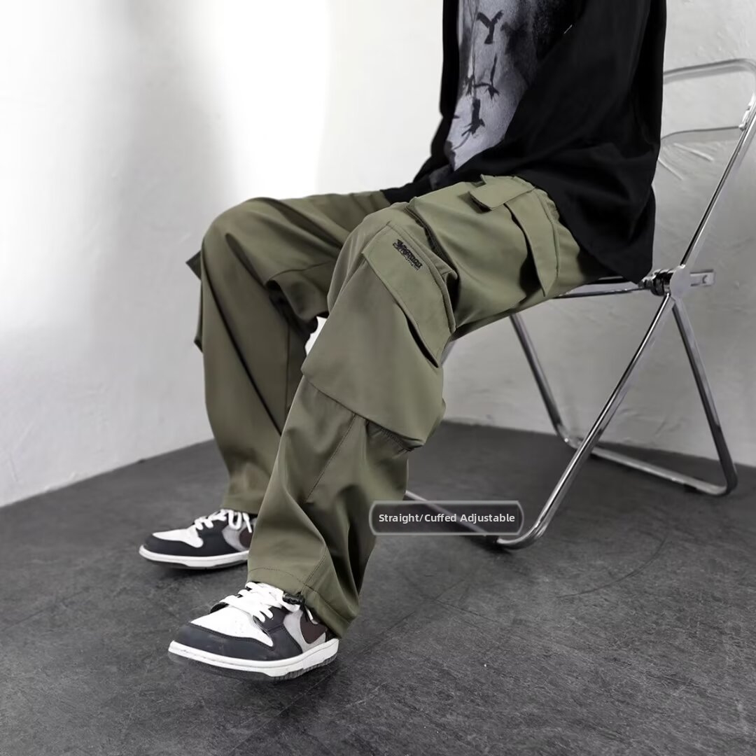 Pantaloni cargo da uomo alla moda in stile americano, larghi, casual, antivento, modello harem, pantaloni eleganti e alla moda per uomo, colore bianco tinta unita, vita bassa._voghion.com