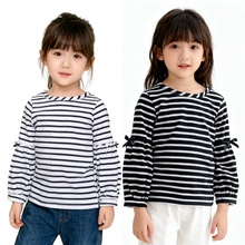 特价日单童装尾货110-120女孩条纹春打底长袖上衣T恤婴小童蝴蝶结