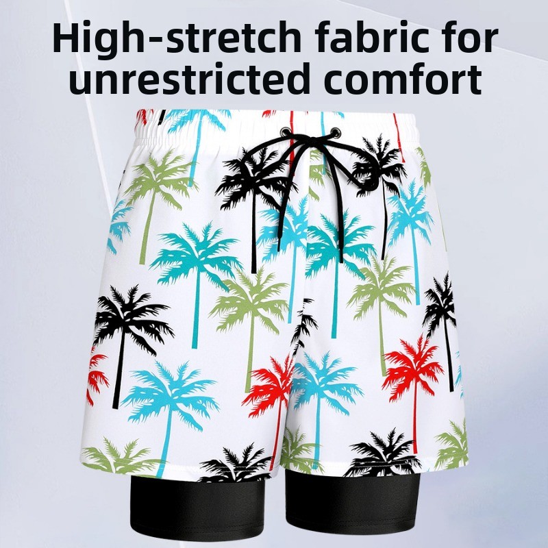 Men's Double Layer Swim Shorts With Coconut Tree Print_voghion.com