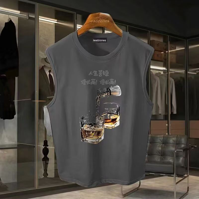 Men's Heavyweight Pure Cotton Vest Trendy Printed Loose Summer Sports Fitness Sleeveless T-Shirt Exclusive_viptrois.com