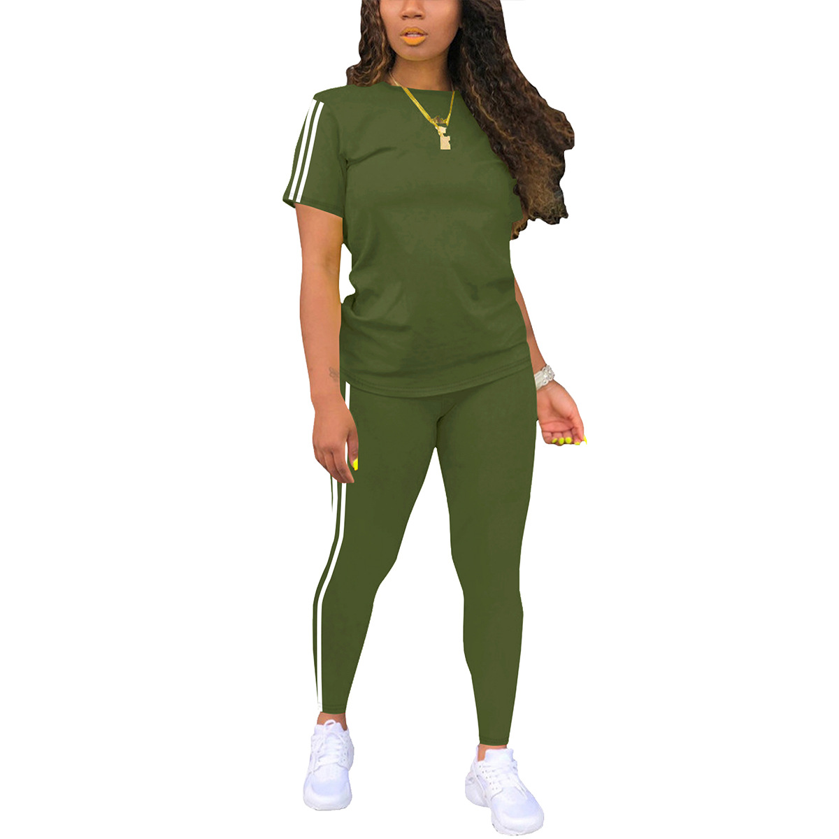 Women's Clothing Women's Round Neck Short Sleeved Top And Trousers Set Side Stripes Two Piece For Formal & Casual For Women_ecoleips.com