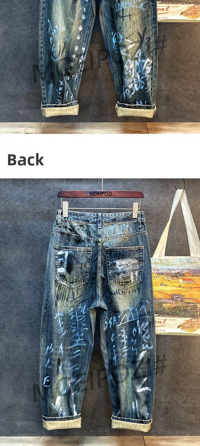 Men's Clothing Trendy Graffiti Printed Loose Straight Leg Jeans Personalized Washed Trousers Streetwear Jeans_mkmklike.com