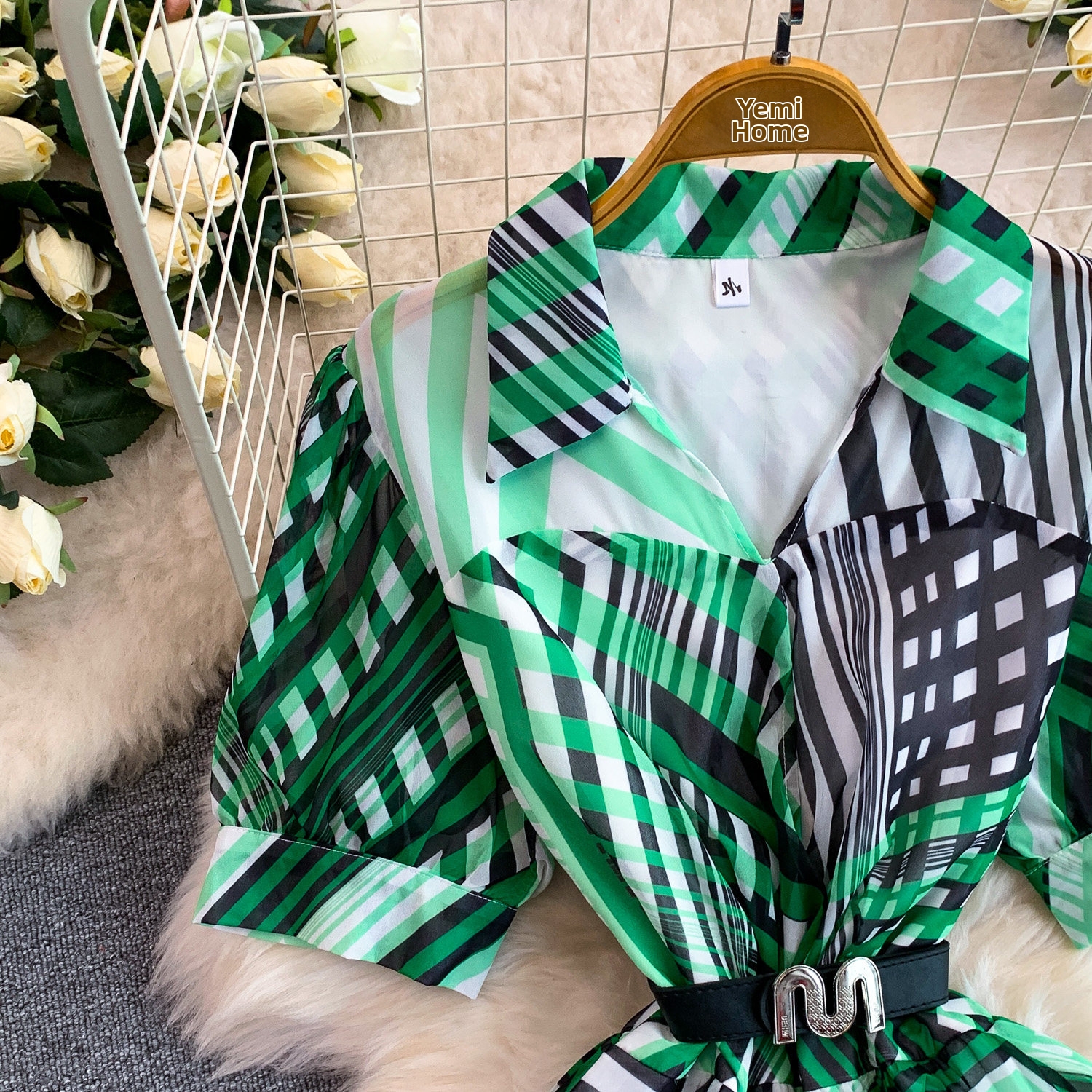 Women's French Style Geometric Print Dress Lapel Short Sleeve Fitted Waist Pleated Long Skirt Summer Commuter Style_ecoleips.com