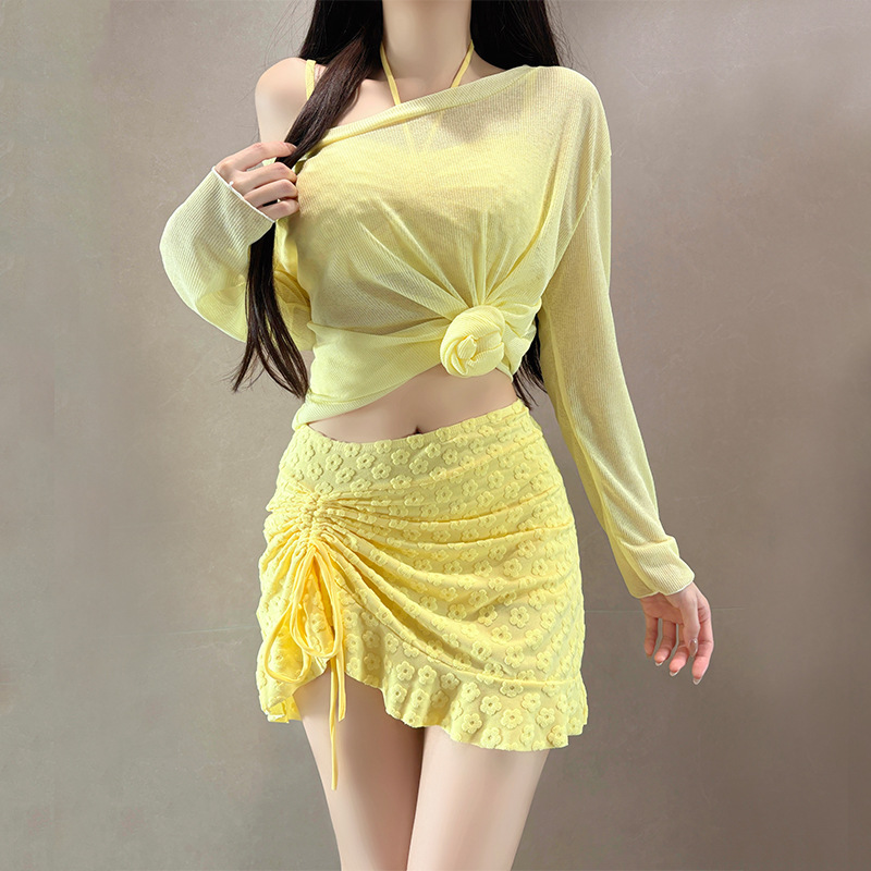 Plus Size Women's Three Piece Swimsuit Set Long Sleeved Sun Protective Solid Color Ideal For Slightly Chubby Girls Hot Springs And Vacations_voghion.com