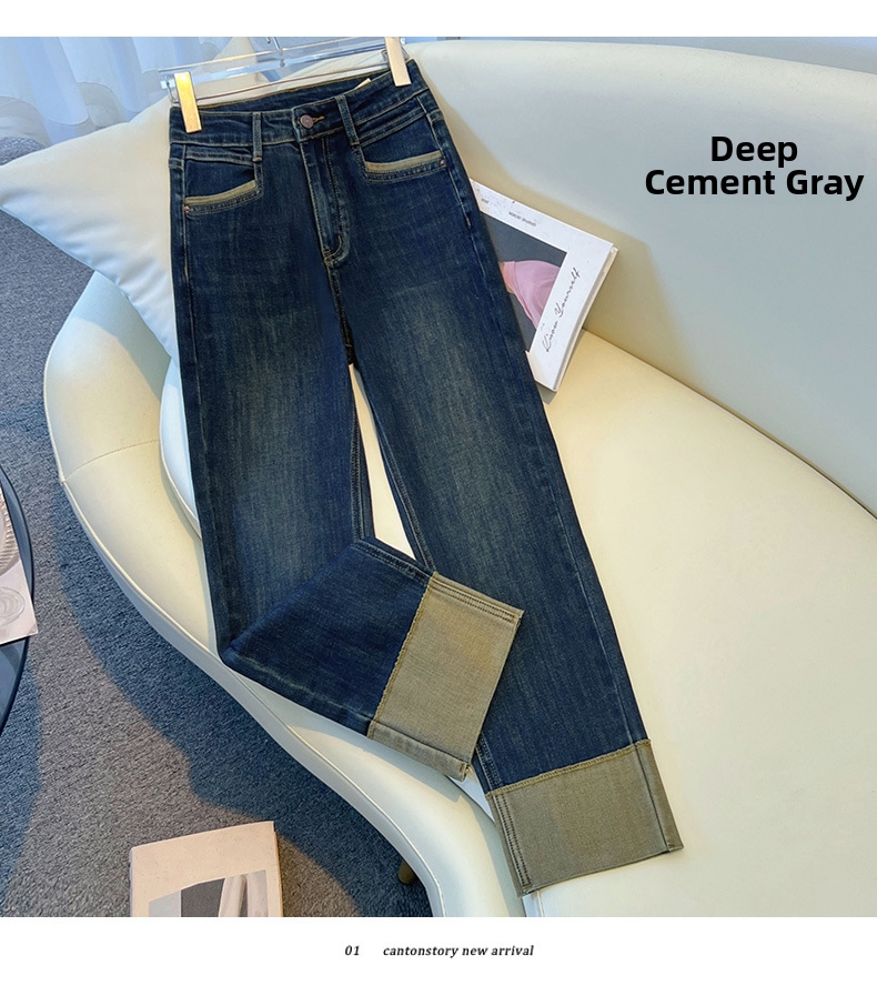 Women's Slim Fit Straight Leg Jeans Stretchy Cuffed Cropped Baguette Pants Spring Autumn Popular Style_mkmklike.com