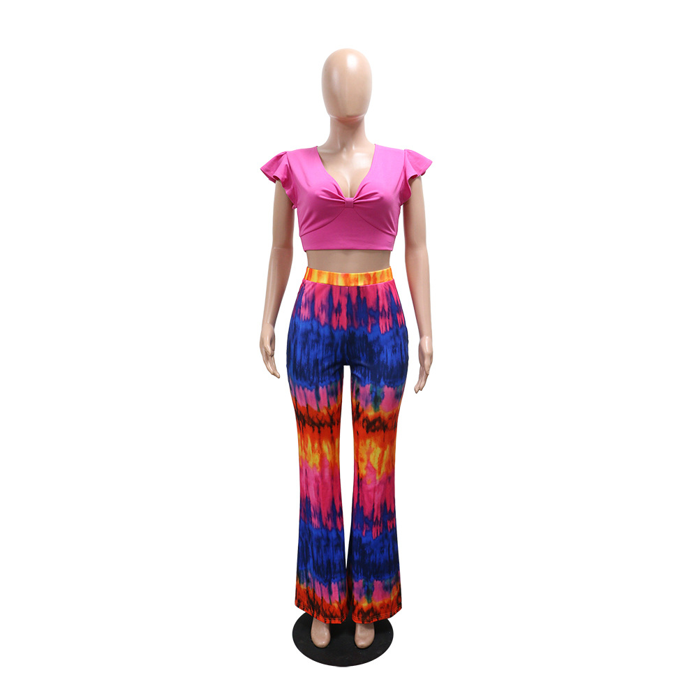 Women's Clothing High Waisted Solid Color Fashion Women's Two Piece Set Paired With Printed Pants Top For Formal & Casual For Women_ecoleips.com