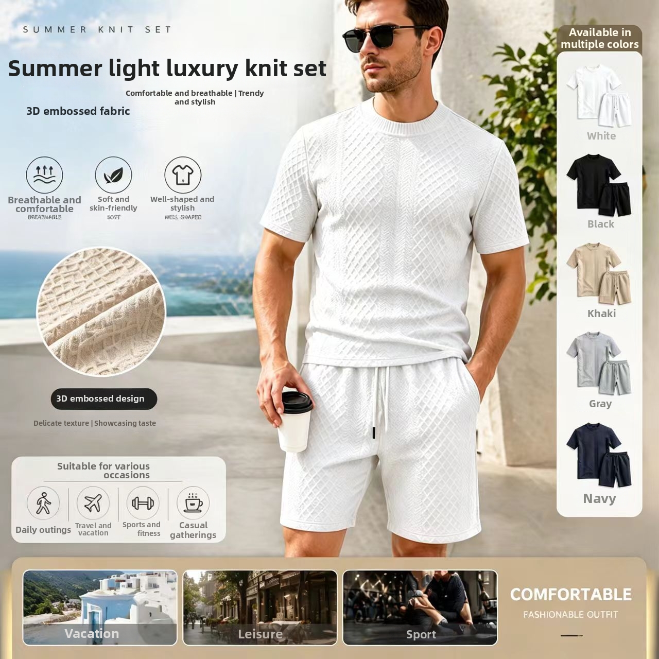 Men's Jacquard Print Short Sleeve Polo & Shorts Set, Breathable Quick-Dry Summer Sportswear For Casual & Active Lifestyle_viptrois.com