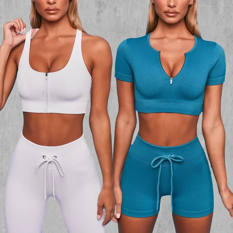 Sports bra for gym with zipper, quick dry shorts, long-sleeve, trousers, set, European style, for running