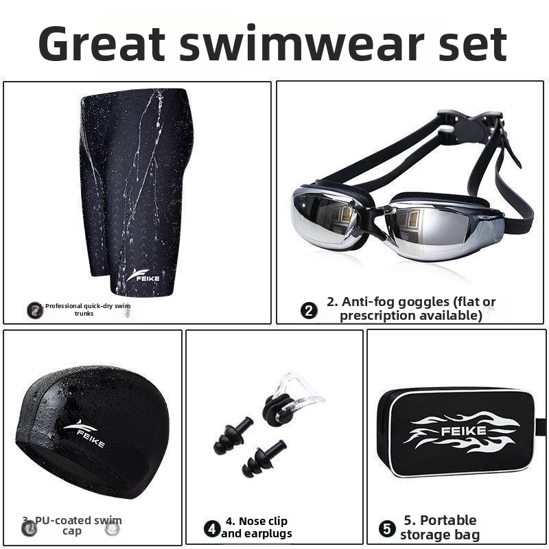 Ensemble de natation pour homme : maillot de bain imperméable à séchage rapide, imitation peau de requin, avec lunettes et bonnet._voghion.com