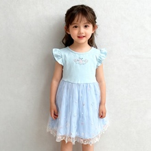 特价日单尾货童装120女孩夏季飞袖连衣裙刺绣纱裙小童