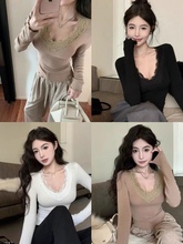 857人棉磨绒长袖260克秋冬法式蕾丝领长袖打底衫内搭弹力V领T恤