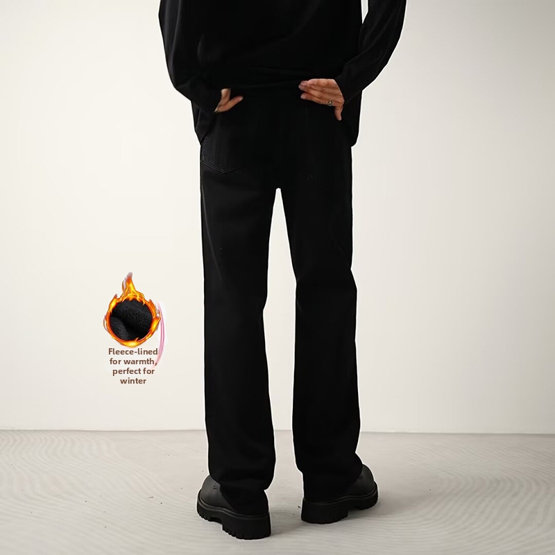 Men's Stretch Denim Jeans Loose Fit Straight Leg Fleece Lined Long Pants Style_viptrois.com