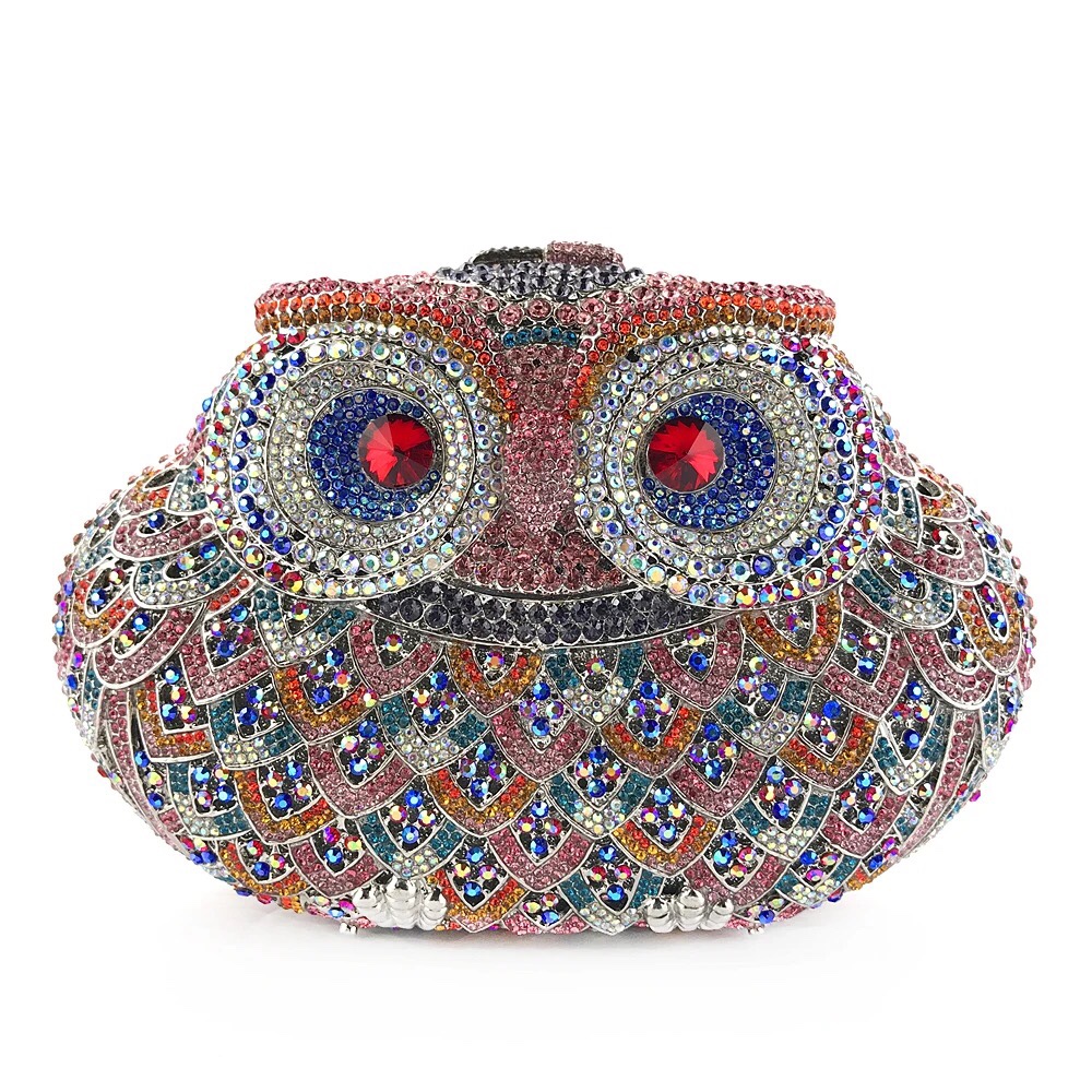 Túi clutch nữ đính đá rhinestone hình cú dạ tiệc — Màu bạc chi tiết 12
