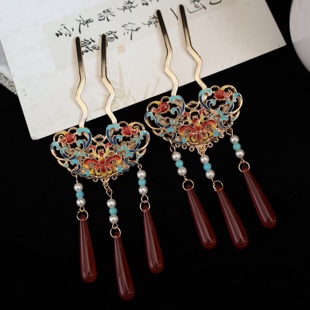 Chinese-Style Alloy Luxurious Cloisonné Hanfu Mamian Skirt Accessories with Long Tassel Hairpin, Ancient Tang-Style Ming-Style Hair Ornament