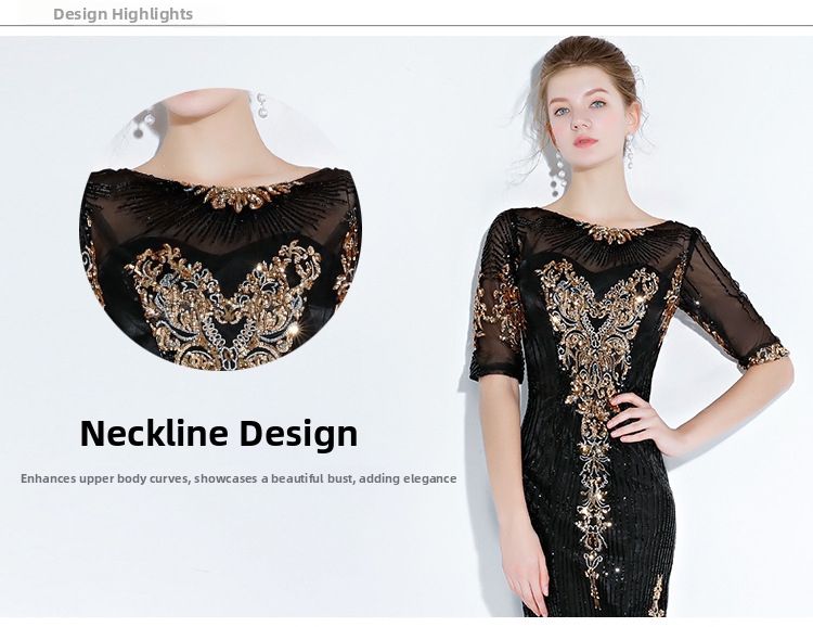 Black Mermaid Evening Gown Elegant Long Banquet Dress for Women Dignified Sophisticated Suitable for Presenters Performances_ecoleips.com