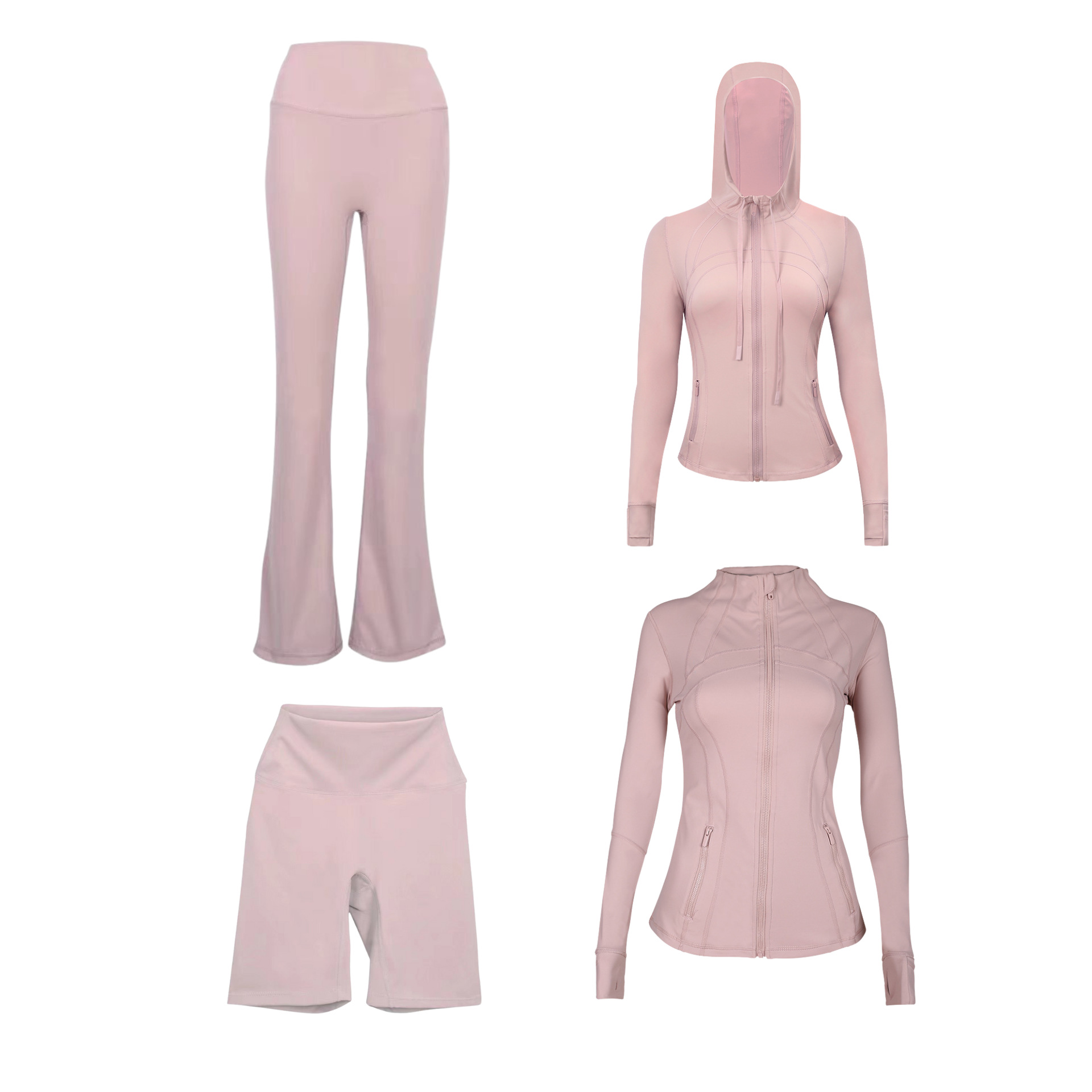 Dames slim fit sportjas met capuchon, bestaande uit een vierdelige set met flared broek en shorts en elastische tailleband. Fitnessoutfit_voghion.com
