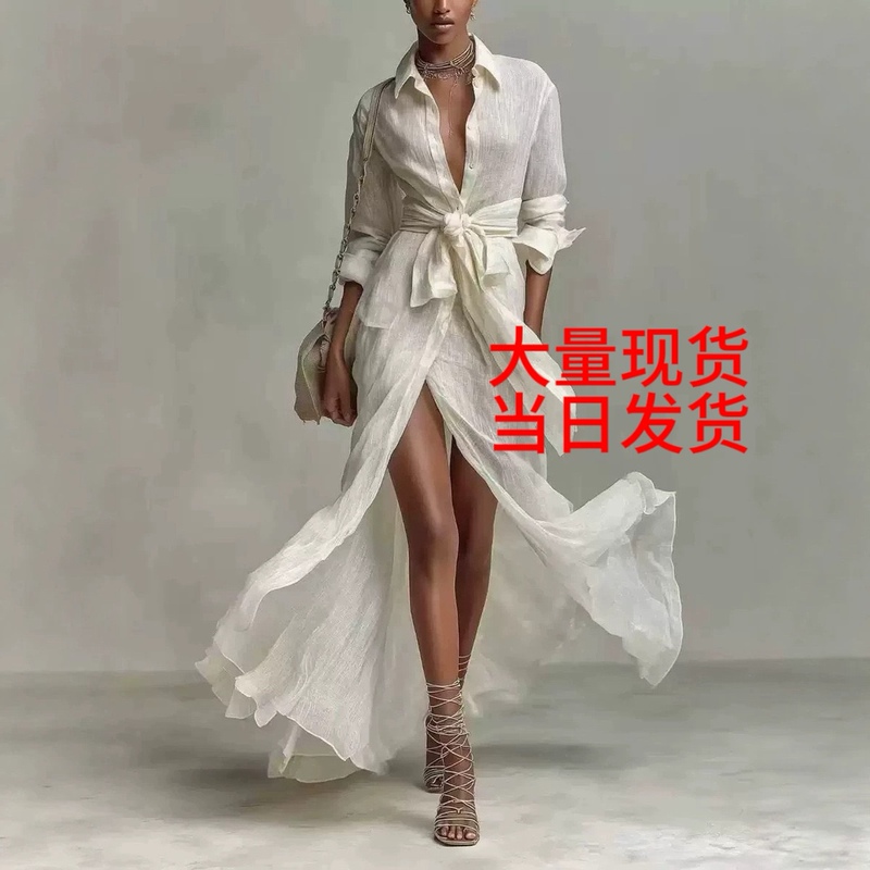 White Shirt Dress for Women, Long Style with Slit and Tie, Flowing Holiday-Style Dress, European and American Cross-Border Fashion, Elegant Long Sleeves White Shirt Dress for Women, Long Style with Slit and Tie, Flowing Holiday-Style Dress, European and American Cross-Border Fashion, Elegant Long Sleeves