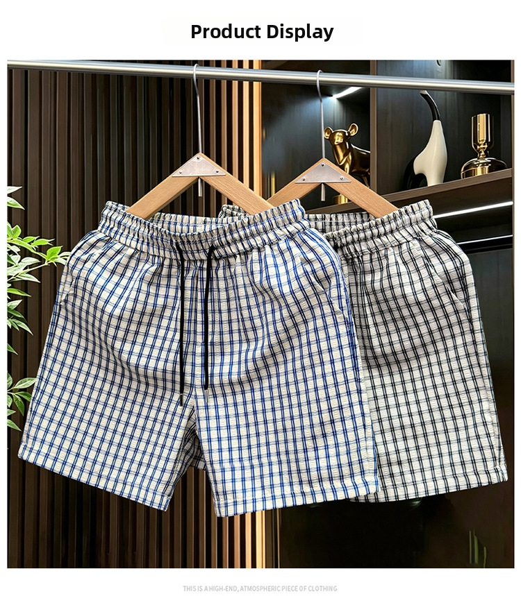Men's Blue Plaid Straight Leg Shorts Trendy Versatile Summer Thin Striped Casual Sports Bottoms_viptrois.com