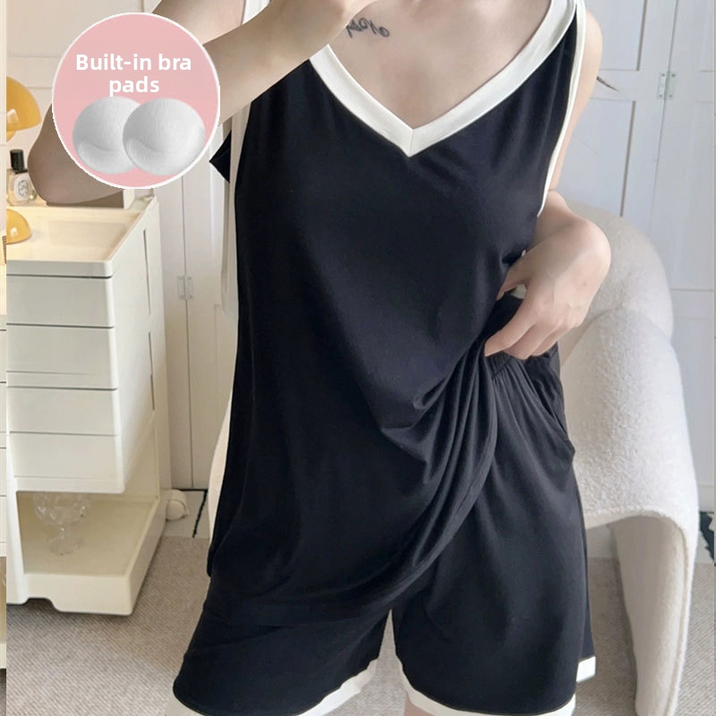 Conjunto pijama verano mujer algodón sin mangas estilo color block_voghion.com