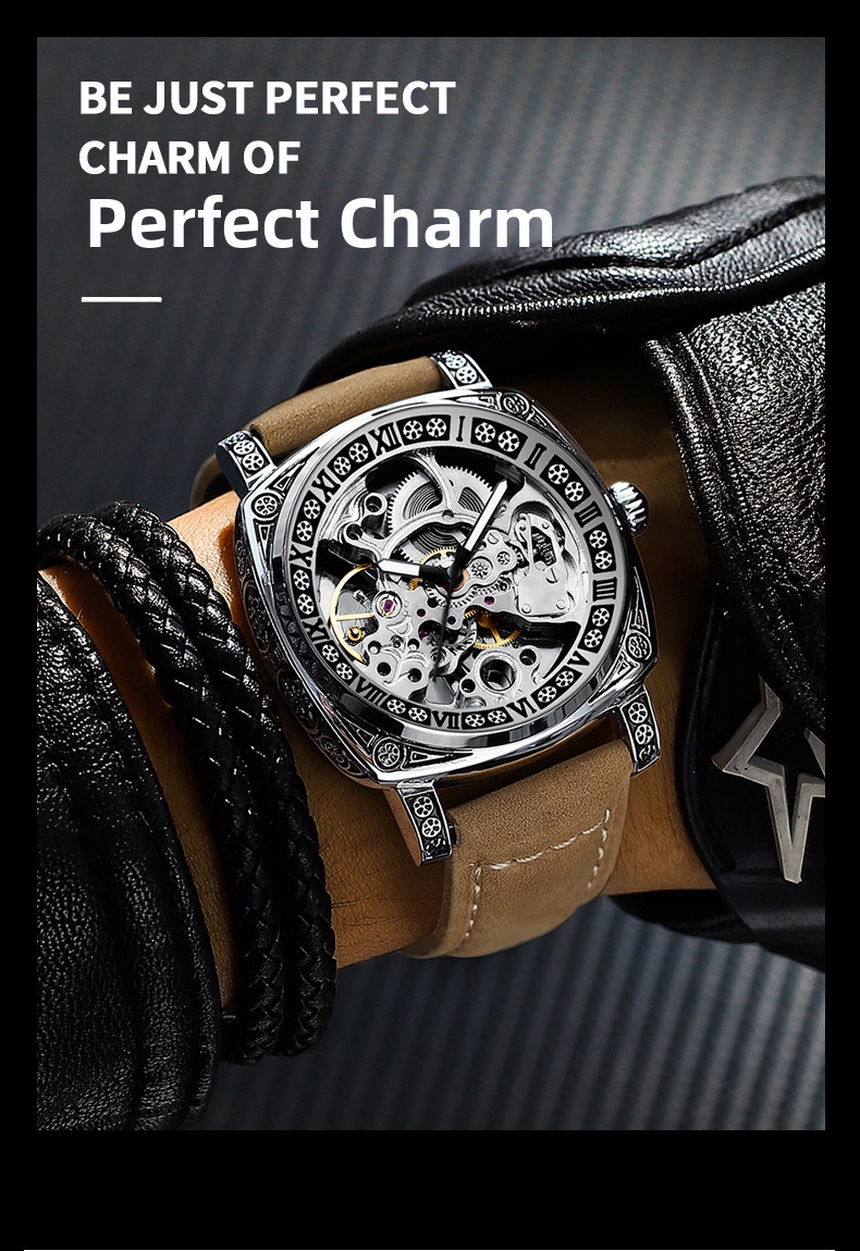 Men's Automatic Skeleton Watch Retro Engraved Mechanical Leather_voghion.com