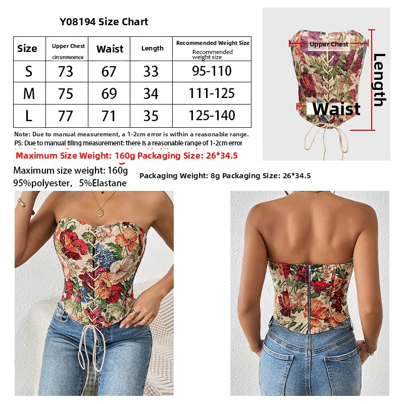 French Retro Floral Print Bandeau Vest Strapless Tie Up Street Style Slim Fit Women's Top_ecoleips.com