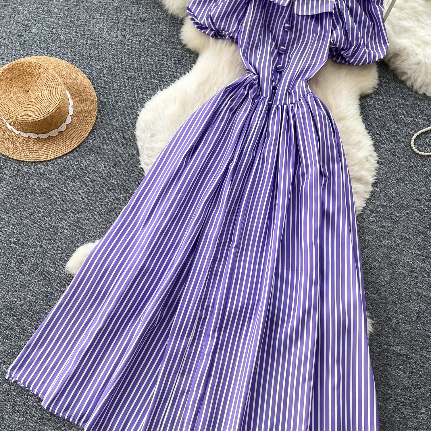 French Style Women's Long Dress Square Neck Puff Sleeve Striped Pattern Korean Summer Waist Cinching A-Line Skirt For Elegant Dates_ecoleips.com