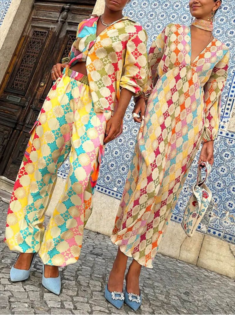 Summer Women's Elegant Casual Pants Suit V Neck Printed Lantern Sleeve Top And Pants Set Commuter Wear_ecoleips.com
