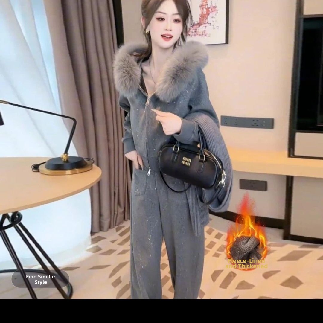 Women's Fleece Lined Thickened Two Piece Set Casual Fashionable Autumn Winter Hooded Sweatshirt Wide Leg Pants Heavy Duty Sequined_voghion.com