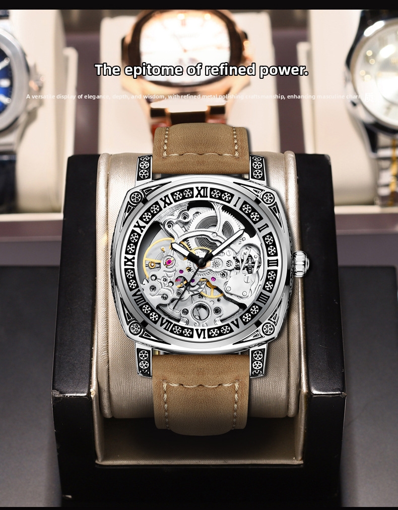 Men's Automatic Skeleton Watch Retro Engraved Mechanical Leather_voghion.com