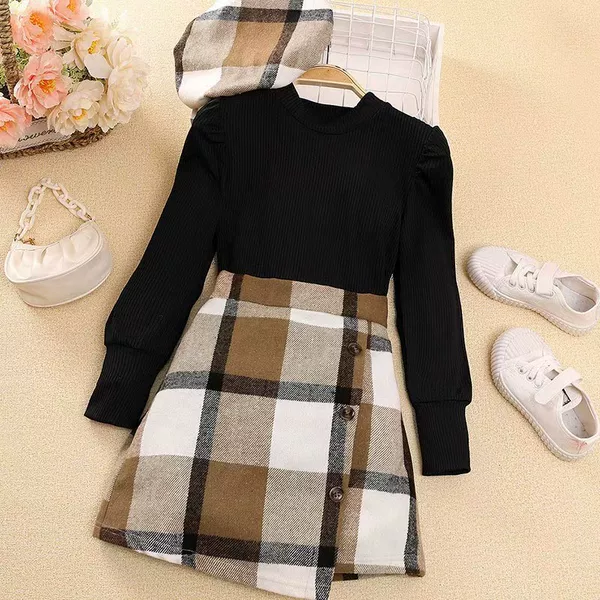 New Foreign Trade Spring, Autumn, and Winter Girls' Set: Ribbed Long-Sleeve Top, Plaid Irregular Short Skirt, and Hat Three-Piece Set