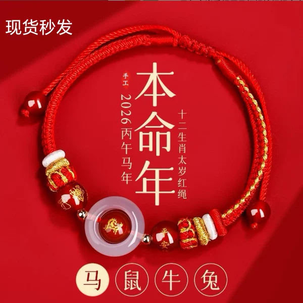 2026 Year of the Horse New Tai Sui Bracelet for Horse Zodiac Red String Woven Rope Zodiac Year Bracelet for Rat, Ox, Rabbit, Unisex