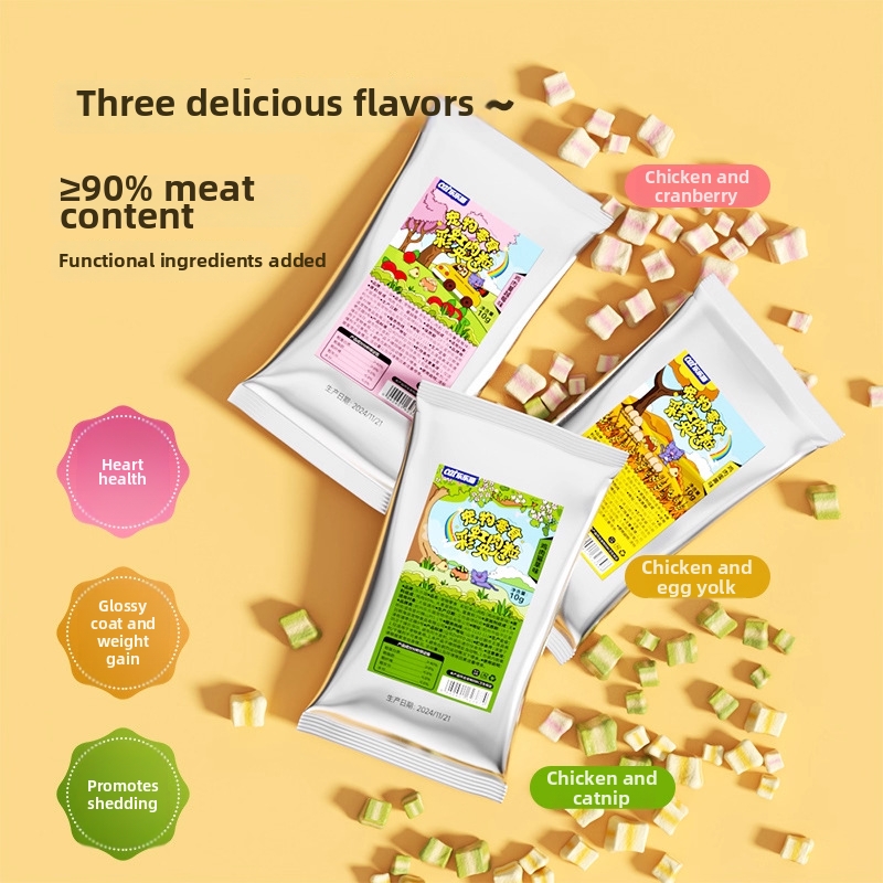 Katzensnacks mit Regenbogenfüllung, 10 g gefriergetrocknete Hühnerstückchen, zur Gewichtszunahme_voghion.com