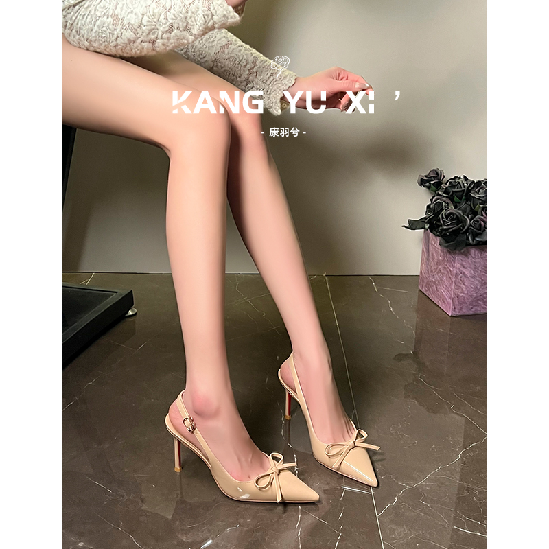 Nude Red-Soled High-Heeled Shoes for Women, New Style, Stunning and Elegant, with a Single Strap, Patent Leather, Shallow Mouth, Sexy Stiletto Heels, Backless Sandals