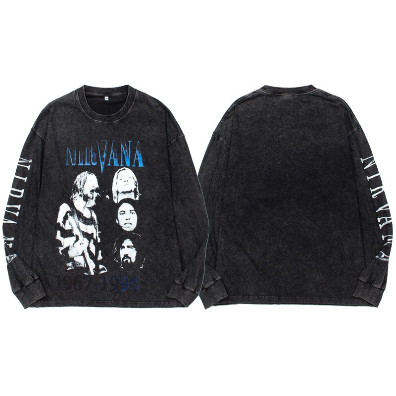 Trendy Brand Nirvana Band Trendy Brand Vintage Cobain Wash Retro Distressed Long-Sleeve T-Shirt