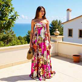欧美女装跨境亚马逊2025夏季新款印花连衣裙抹胸女优雅性感慵懒风