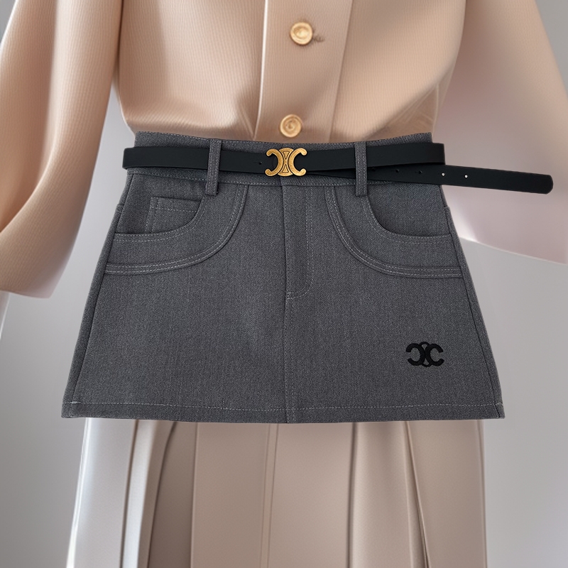 外贸设计感时尚百搭刺绣高腰显瘦西装半身裙防走光短裙包臀裙配皮