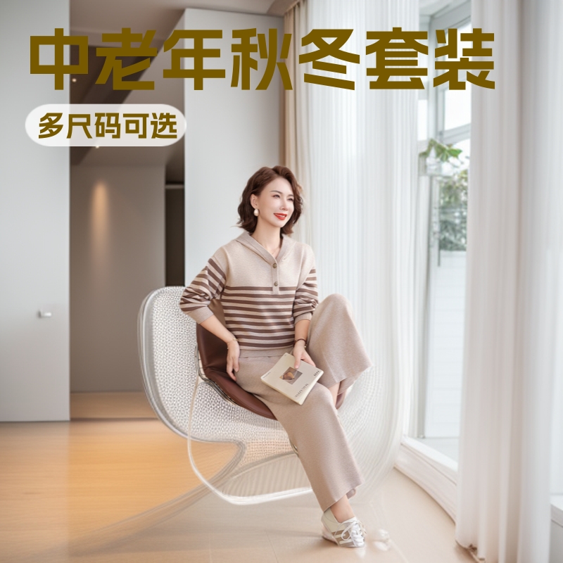 妈妈装秋冬季针织两件套2025新款中老年秋冬时尚时尚大码百塔套装
