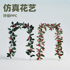 跨境专供仿真藤条圣诞树挂件藤圈 绿叶装饰圣诞藤条pvc圣诞装饰品