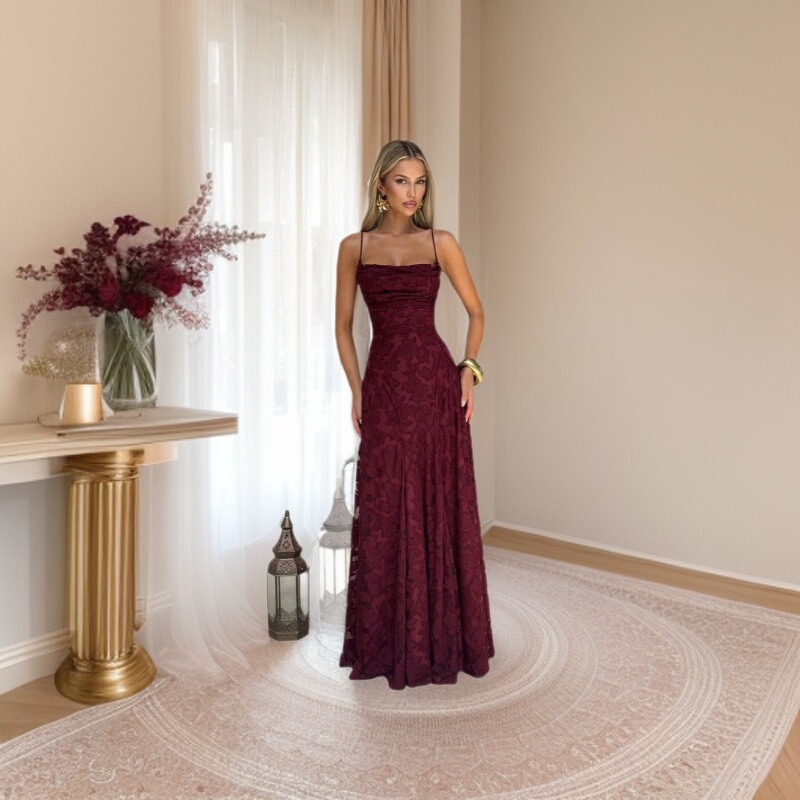 Cross-Border Amazon European and American Style Women's Evening Dress Versatile Hot Girl Style Burgundy Sexy Suspender Dress Beach Dress Cross-Border Amazon European and American Style Women's Evening Dress Versatile Hot Girl Style Burgundy Sexy Suspender Dress Beach Dress