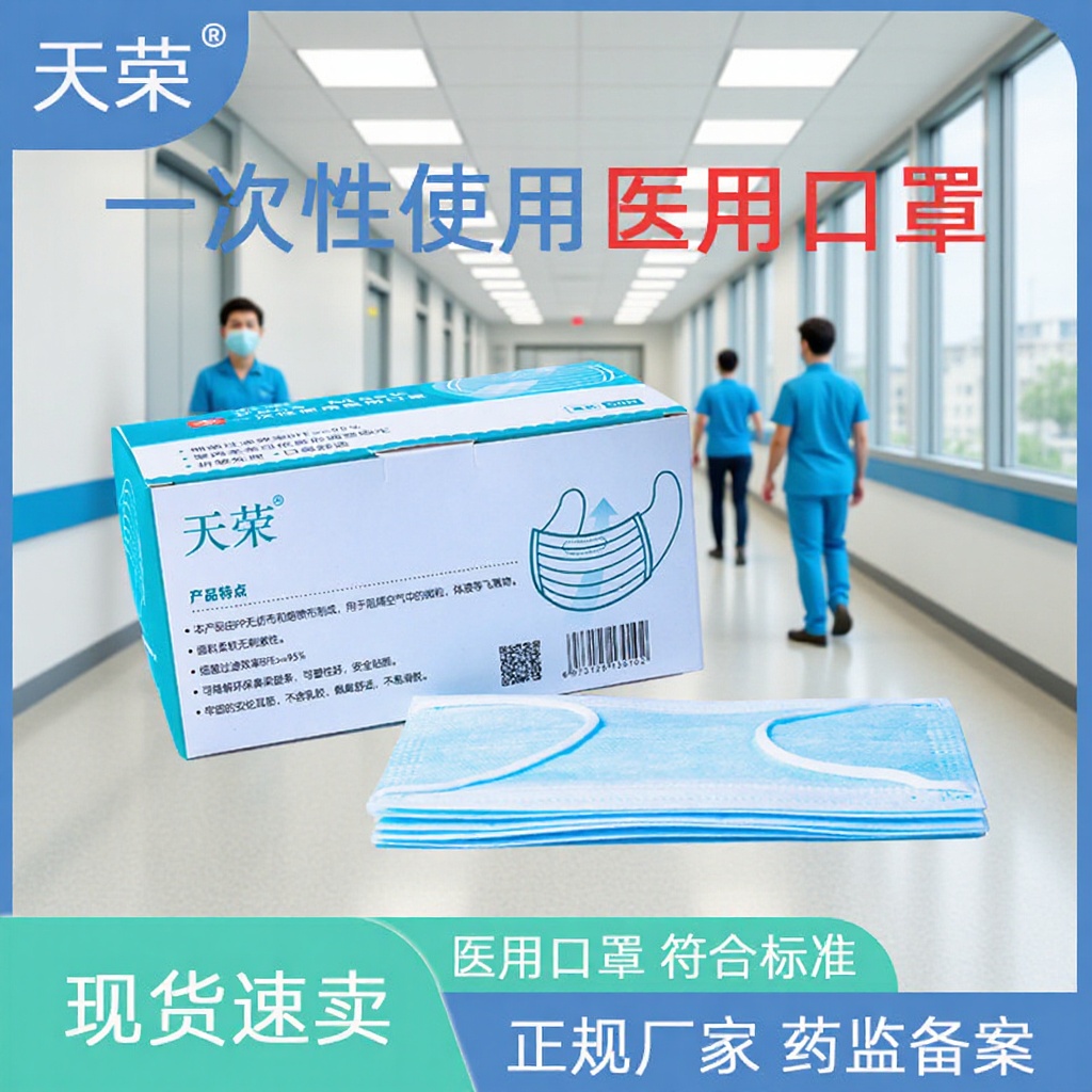 天荣一次性使用医用口罩三层防尘50只盒装独立装批发防护医用级