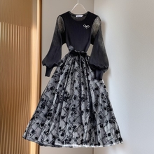 高端轻熟风假两件气质显瘦长袖针织拼接网纱连衣裙优雅大摆长裙子