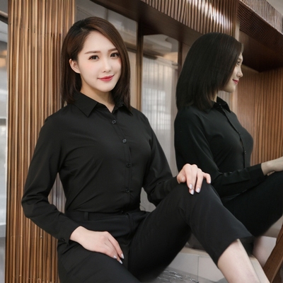 105# 胖MM春装黑色衬衫大码工装衬衣长袖女修身弹力通勤V领衬衣|ms