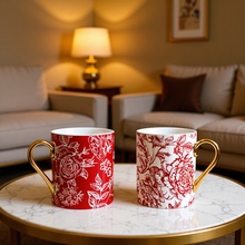 红玫瑰骨瓷马克杯金把水杯结婚礼物情侣对杯伴手礼盒咖啡杯圣诞节