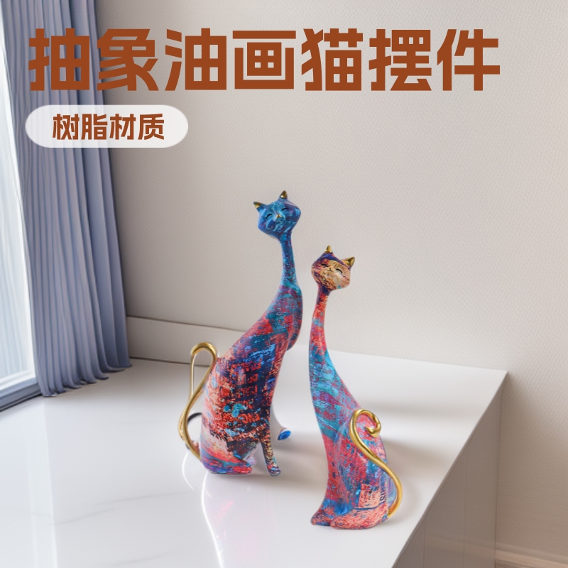 欧式创意抽象油画猫装饰佳节送礼树脂工艺品卧室桌面玄关猫咪摆件