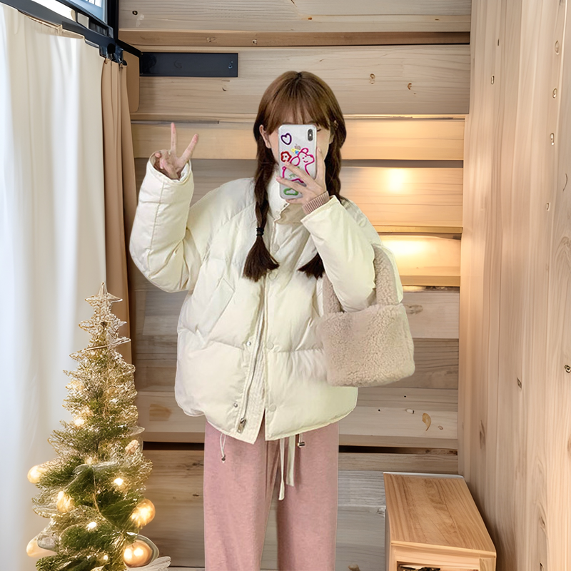 150 Short Men with Vertical Collar Down Coat Women's Winter Short Cotton Coat Lightweight Design White Duck Down Bread Coat Outside