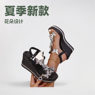 Foreign Trade Large Size Sandals for Women 2025 Summer New Style Platform Sole High Heels Flower One-Line Buckle Beach Sandals for Women