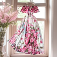 夏季新款荷叶边一字领印花长裙女收腰大摆沙滩裙开叉雪纺连衣裙潮