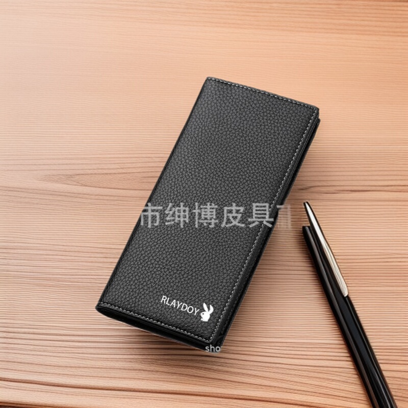 Business Men's Cow Two-layer Leather Long Wallet Litchi Pattern Multi-card Wallet Built-in Zipper Men's Wallet