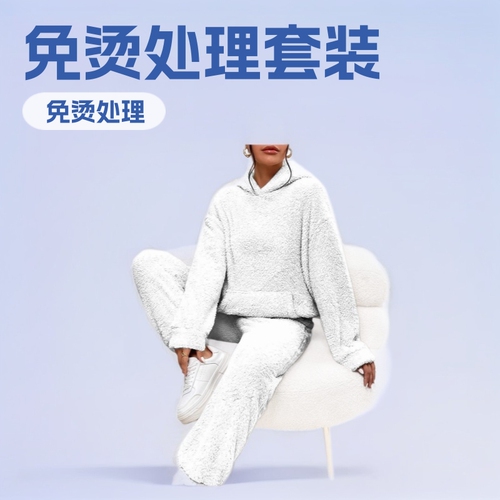Autumn and winter new European and American casual women's clothing pure color plush hooded long-sleeved pantsuit